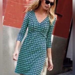 Boden Dorothy Geometric Pattern Dress Women's Size 2 Green 3/4 Sleeve V Neck